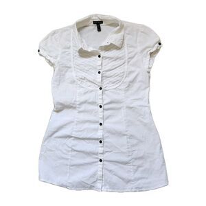 Y2K FANG White Fitted Blouse Womens L Button Front Collared Baby Tee Style Top